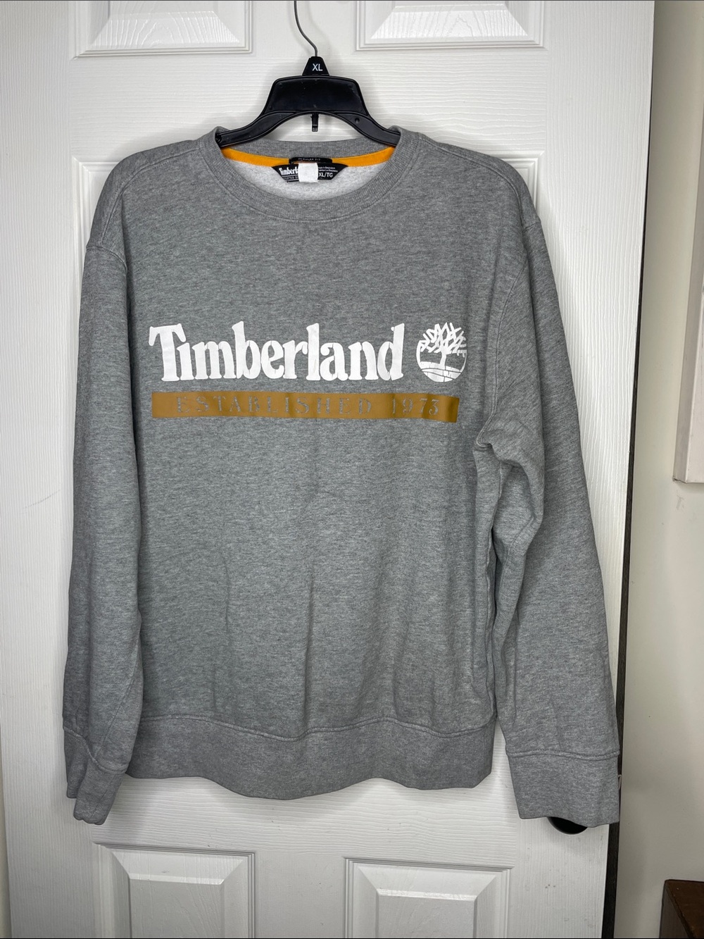 Timberland Heather Gray Crewneck with Gold Logo Stripe. Size XL
